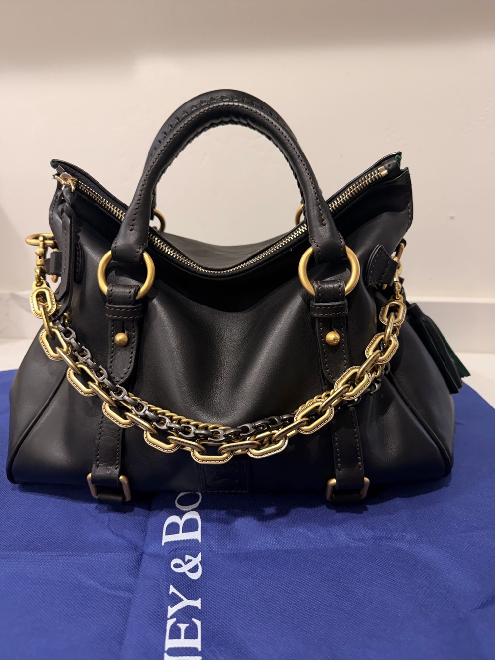 Dooney & Bourke Black florentine large Leather Satchel with COACH triple chain